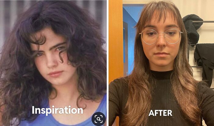 Side-by-side comparison of curly hair inspiration versus straight hair fail showing hair transformation disappointment.