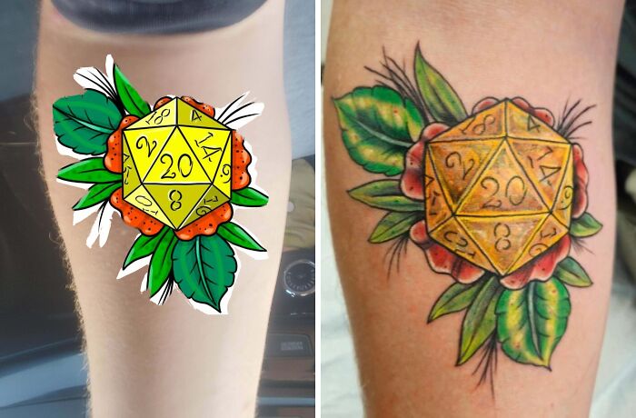 Tattoo expectations vs reality showing a 20-sided die with leaves and flowers, design versus actual tattoo result.