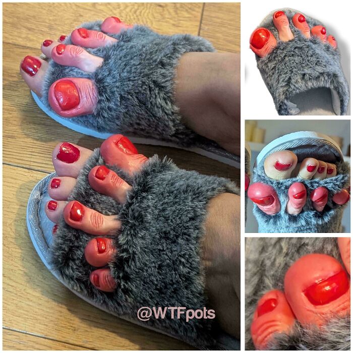Slippers designed to look like feet with red-painted toenails creating a funny and utterly confused visual effect.