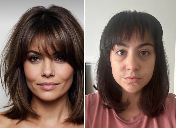 Side by side comparison of requested stylish haircut versus unexpected hair fail result on two women indoors.