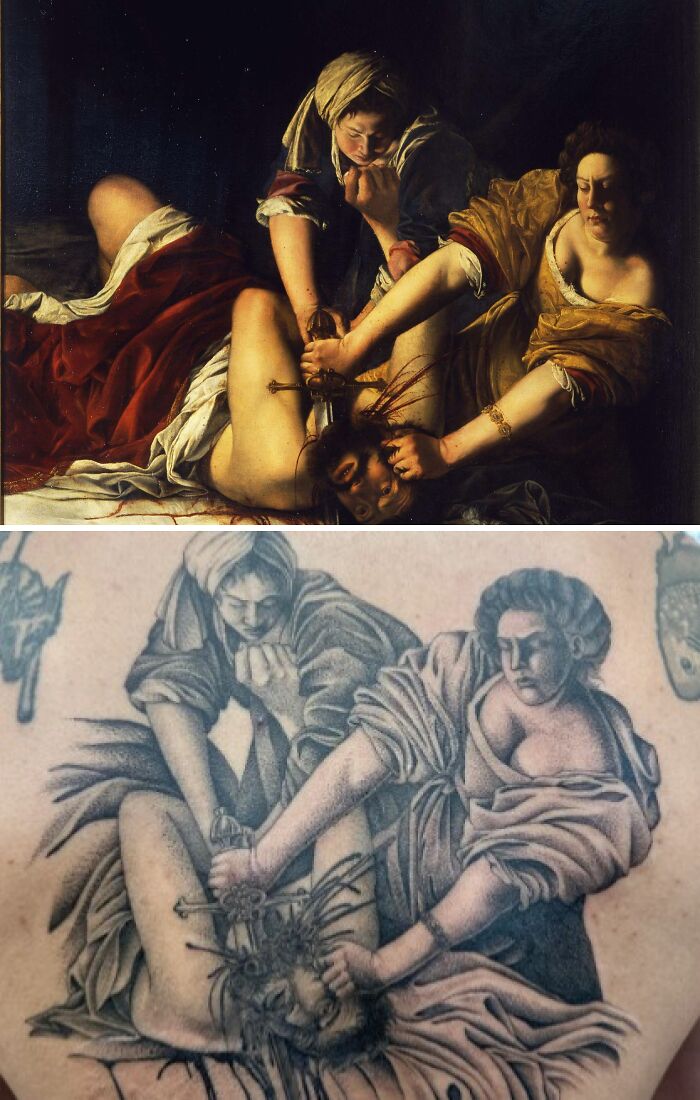 Baroque painting comparison with tattoo showing expectations vs reality of detailed artwork interpretation.