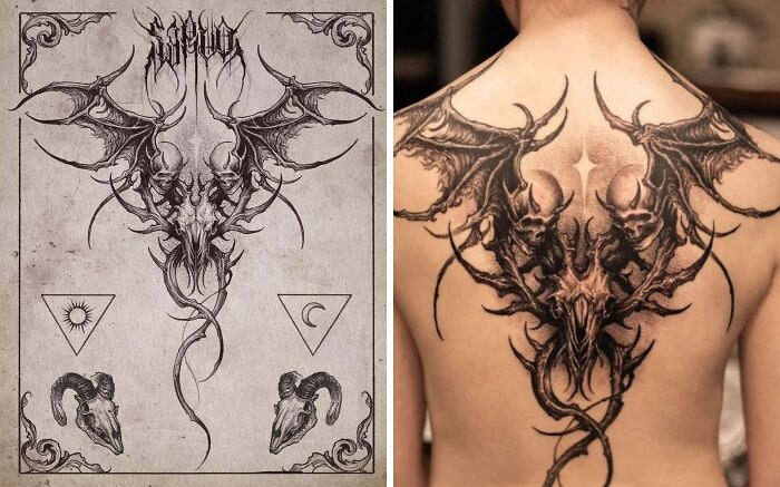 Side-by-side comparison of a detailed tattoo design and its real-life back tattoo showing tattoo expectations vs reality.