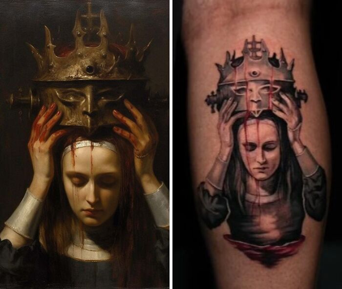 Side-by-side comparison of tattoo expectations versus reality showing a person wearing a crown with blood details.