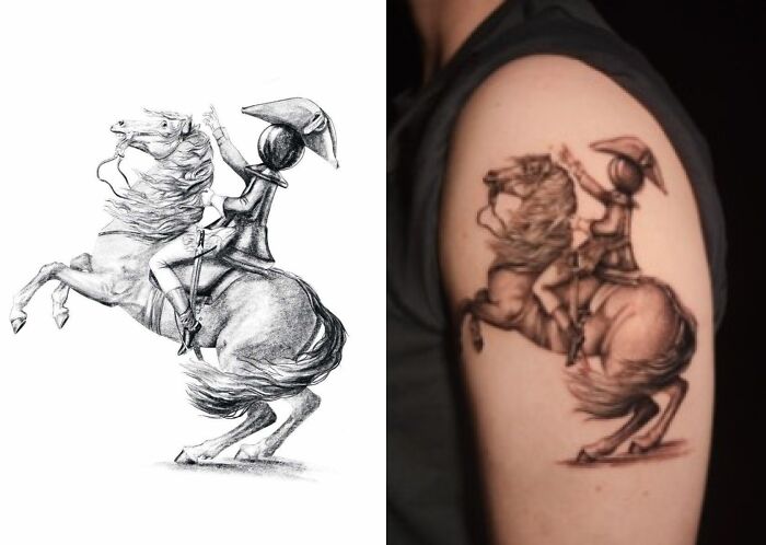 Tattoo expectations vs reality showing a detailed horse and rider design compared to a less accurate tattoo on an arm.
