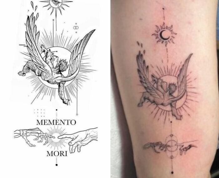 Tattoo expectations vs reality showing a detailed angel design requested and a less precise tattoo result on skin.