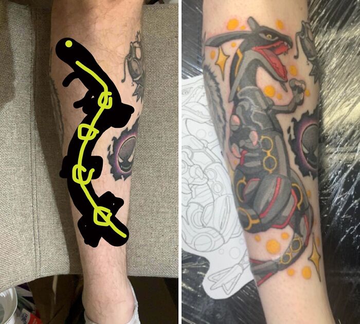 Tattoo expectations vs reality showing a outlined design on leg and the final colorful dragon tattoo on forearm.