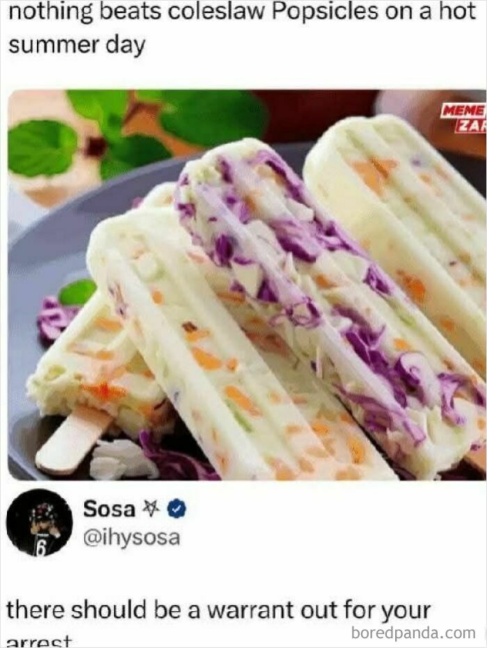 Coleslaw popsicles made of shredded cabbage and carrots on sticks, a disturbing disgusting food pic that might ruin appetite.