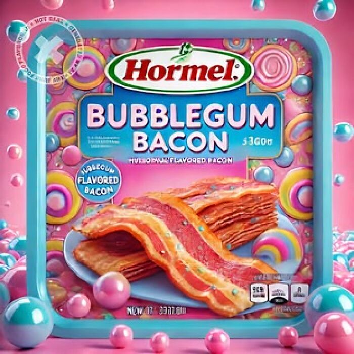 Hormel bubblegum flavored bacon pack with colorful bubbles and candy-like background in a food product display.