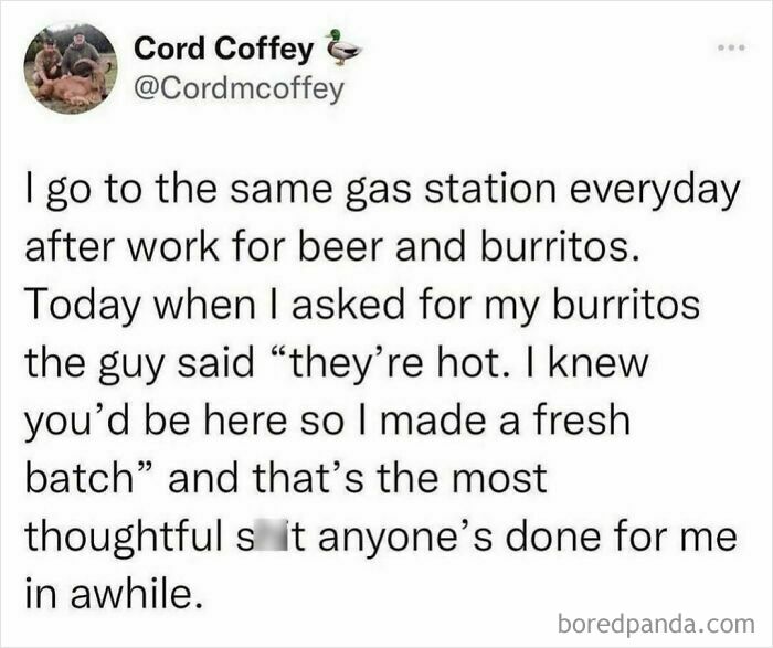 Tweet about a gas station employee making fresh hot burritos, featured among hilarious tweets shared on an IG page.
