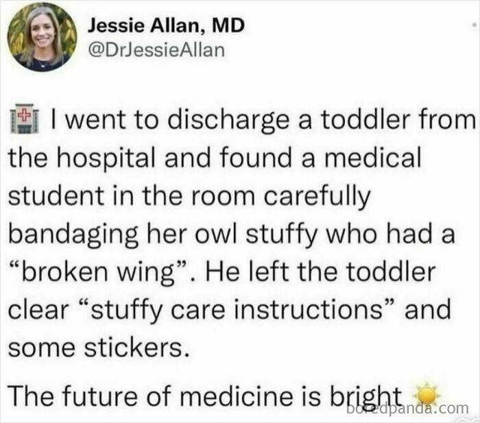 Hilarious tweet about a medical student caring for a toddler’s stuffed owl with broken wing and cute care instructions.