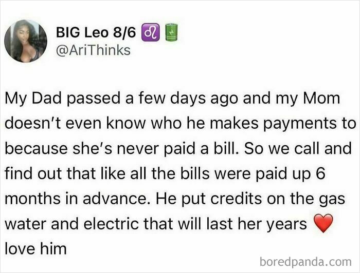 Tweet about a dad paying bills six months in advance to cover gas, water, and electric, shared on a hilarious tweets page.