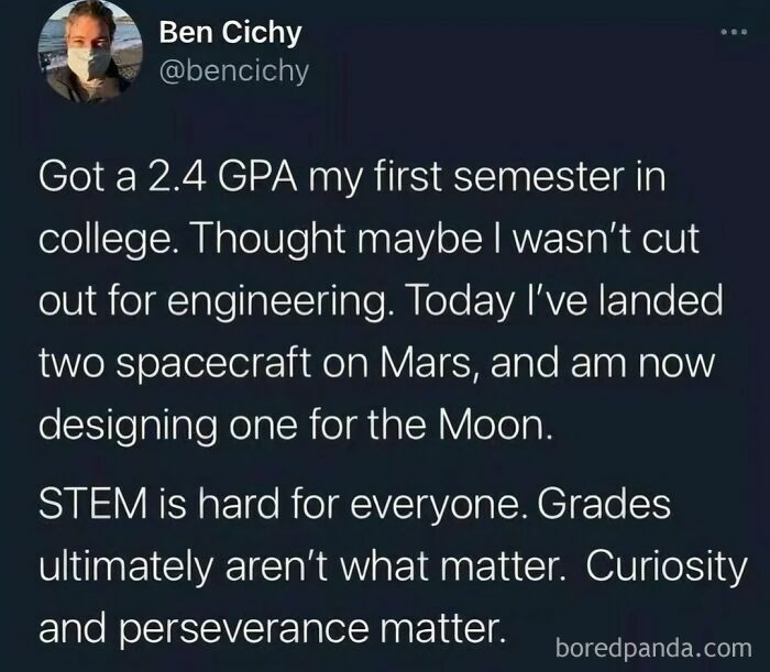 Screenshot of a tweet about overcoming college GPA challenges and succeeding in STEM, shared in hilarious tweets collection.