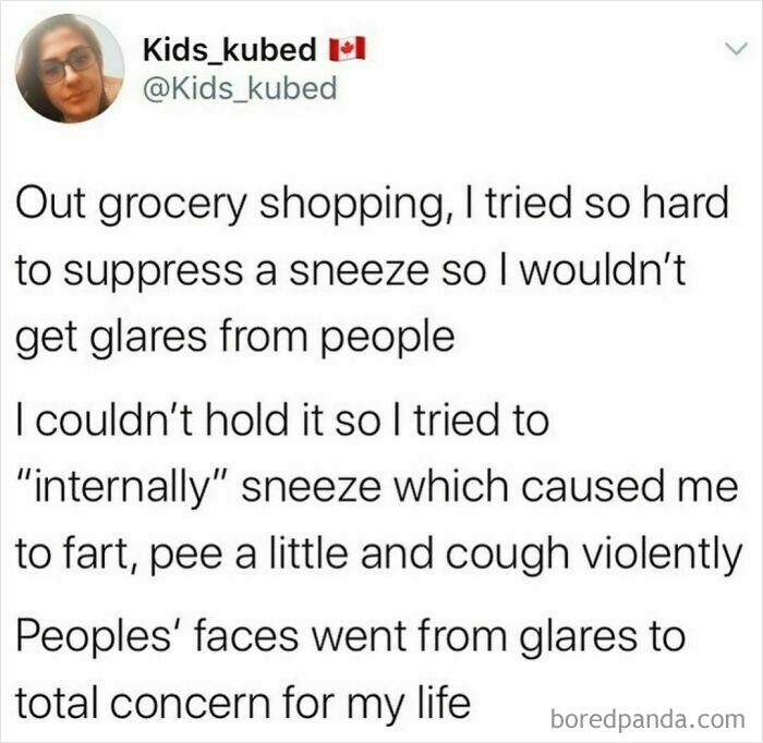 Funny tweet about trying to suppress a sneeze while grocery shopping causing awkward moments shared on a hilarious tweets page