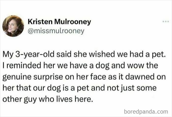 Tweet about a child's surprise realizing the family dog is truly a pet, featured in hilarious tweets collection.