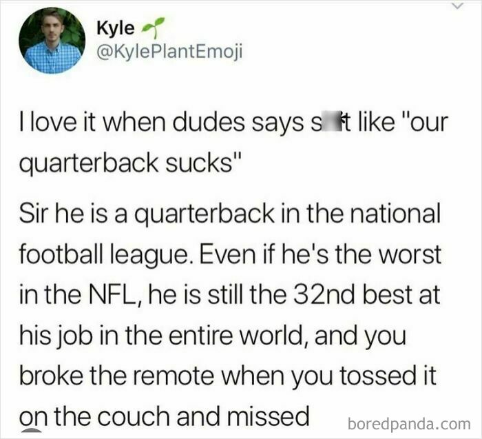 Hilarious tweet about NFL quarterback skills and broken remote shared on a popular page with funny tweets.