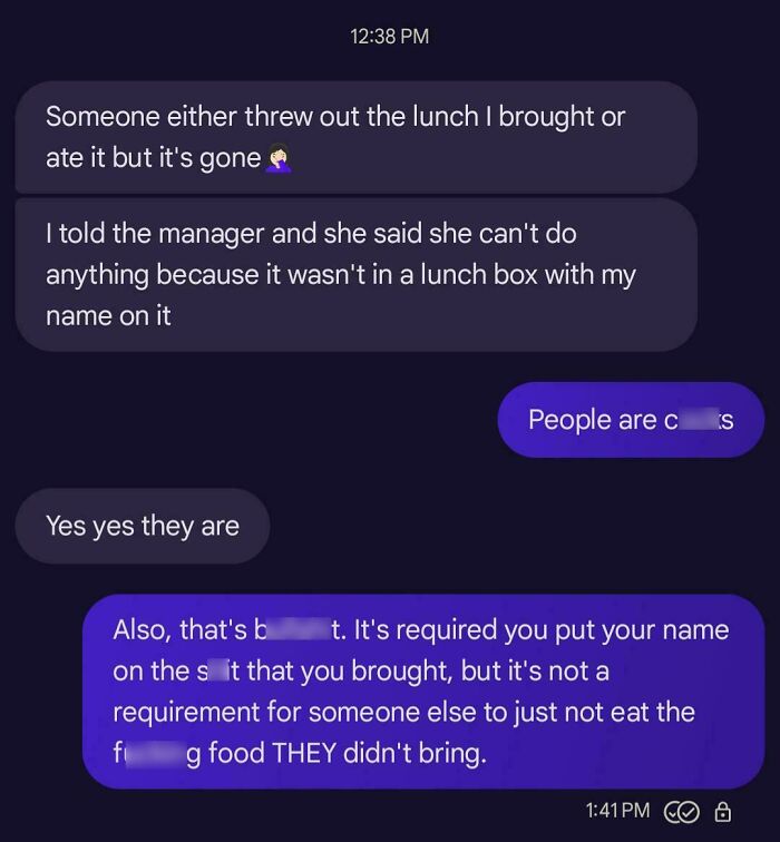 Text conversation highlighting toxic work environment complaints about stolen lunch and ineffective management response.