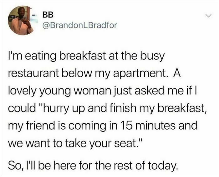 Tweet about a funny restaurant encounter with a woman asking to hurry up, featured in hilarious tweets collection.