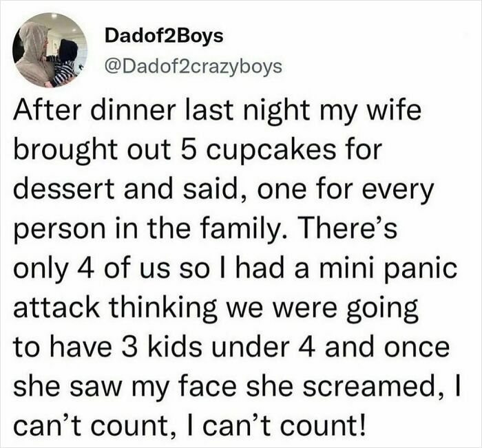 Hilarious tweet about family cupcakes causing panic over counting kids, shared on a funny tweet Instagram page.