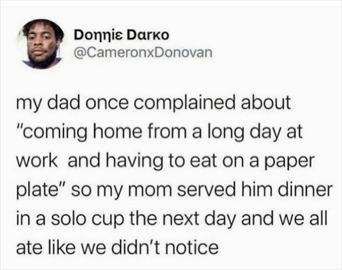 Tweet showing a hilarious family dinner story, highlighting humor in everyday moments shared on the most hilarious tweets page.
