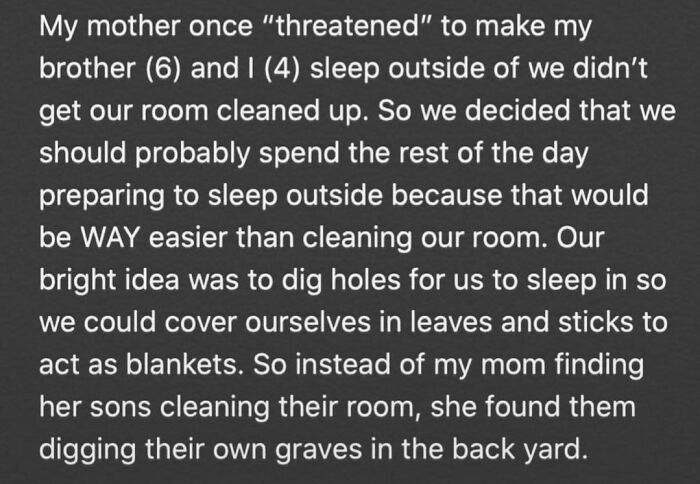 Alt text: Funny tweet about kids digging holes to sleep outside instead of cleaning their room, showcasing hilarious tweets shared on Instagram.