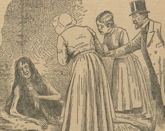 Vintage sketch depicting a scared group encountering a disturbing figure, illustrating unsettling moments from Wikipedia articles.