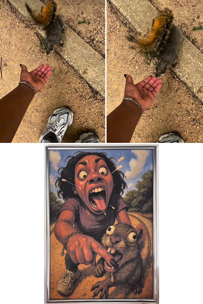 Person feeding a squirrel and a hilarious royal portrait artist turning pets awkward moments into funny art.