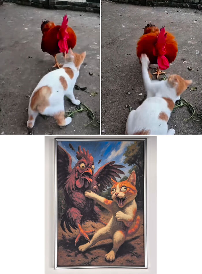 Cat playfully pawing at a startled rooster and a hilarious royal pet portrait inspired by awkward moments.