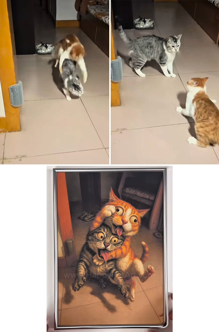 Two cats in an awkward moment turned into a hilarious royal pet portrait with exaggerated expressions and playful poses.