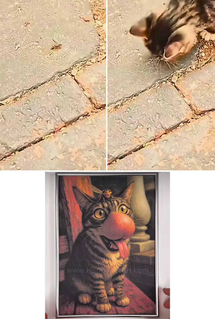 A cat with a red nose and bee on its head in a hilarious royal pet portrait by an artist.