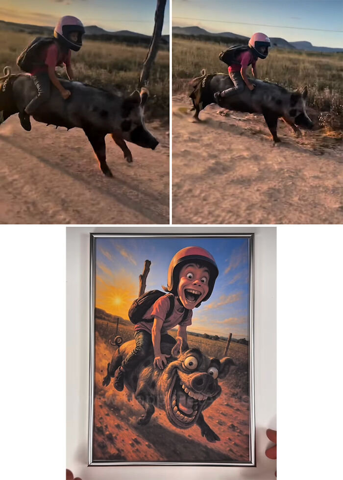 Child riding a pig in a field, turned into a hilarious royal pet portrait by an artist capturing awkward moments.