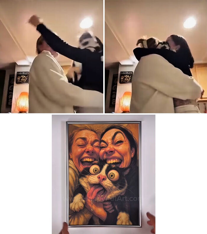 Couple hugging a cat and a framed hilarious royal portrait turning pets' awkward moments into funny art.