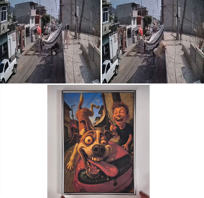 Hilarious royal pet portraits capturing awkward moments of a dog and child with exaggerated, comedic expressions.