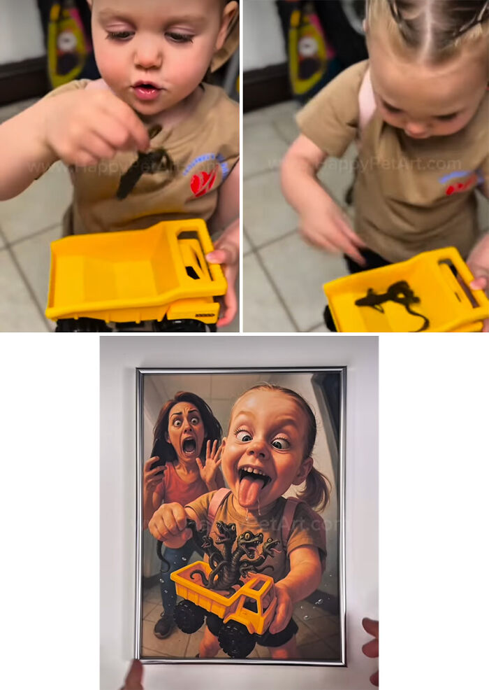 Child playing with a toy truck holding a lizard, featured in a hilarious royal pet portrait by an artist transforming awkward moments.