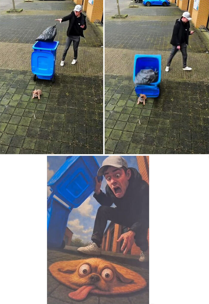 Man dropping trash near small dog with a hilarious royal pet portrait showing dog’s awkward moment on pavement.