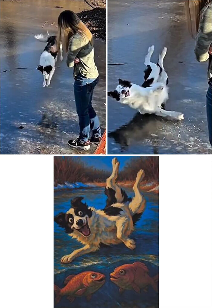 Dog slipping on ice in awkward moment next to a person and hilarious royal pet portrait painting with fish.