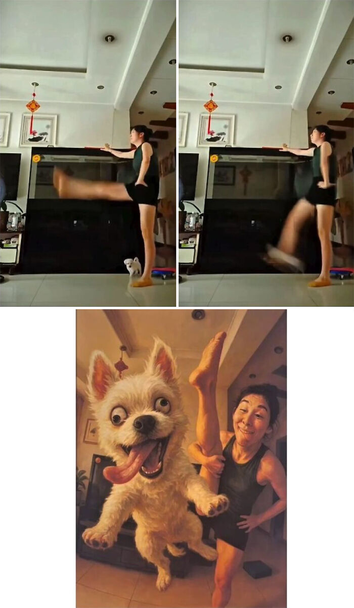 Woman kicking with a small dog nearby and a hilarious royal pet portrait showing the dog's funny expression.