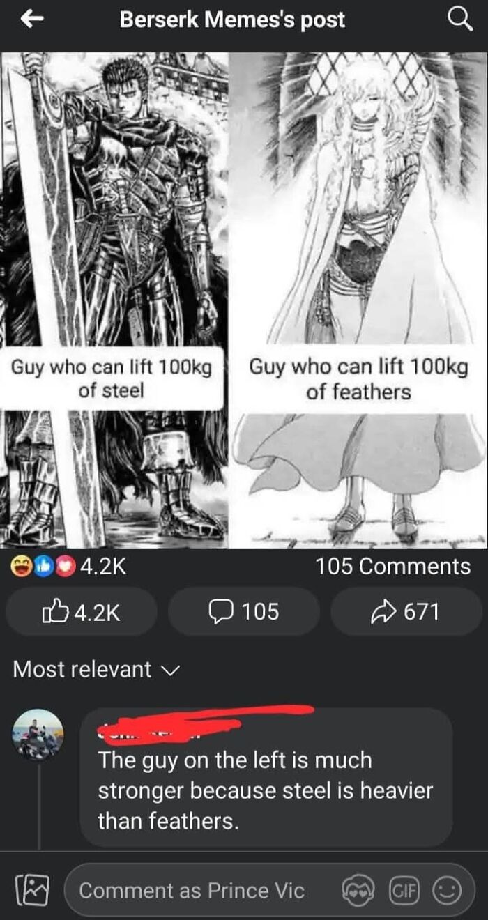 Manga characters compare lifting 100kg of steel versus feathers with overconfident correction in an online group.