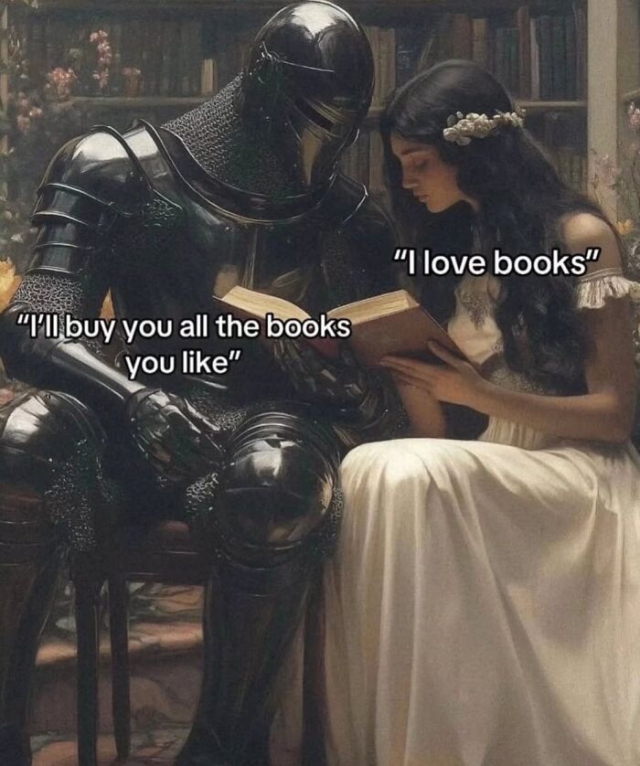 Knight in black armor and a woman in white dress sharing a wholesome moment about books and reading together.