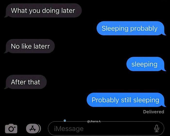 Text message conversation showing someone repeatedly saying they will be sleeping later, fitting cute and wholesome posts theme.