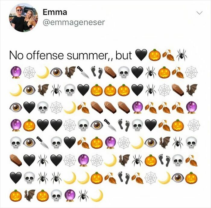 Emoji-filled social media post with Halloween-themed icons, reflecting cute and wholesome vibes shared by a dedicated group of girlies.