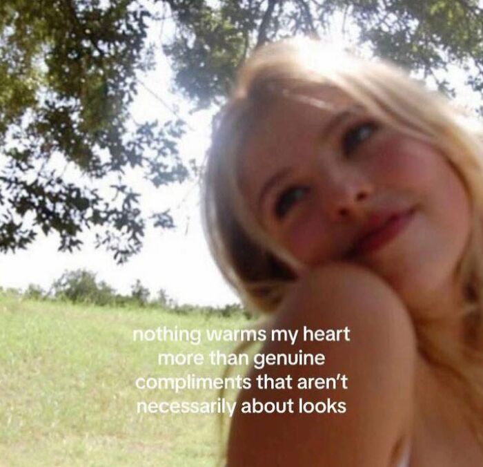 Blonde girl outdoors with text about genuine compliments, highlighting cute and wholesome posts from a dedicated group.