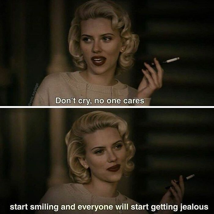 Woman with vintage hairstyle holding a cigarette, sharing a sarcastic and wholesome post about emotions and confidence.