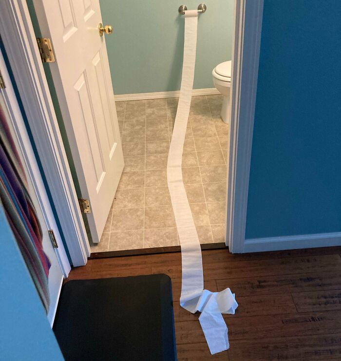 Long strip of toilet paper unrolled from bathroom holder into hallway, hinting at a chilling ghost encounter prank.