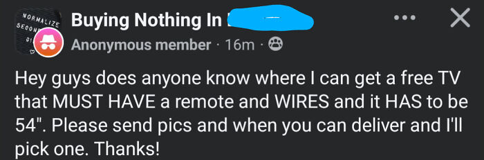Request for a free TV with remote and wires shows entitlement at cosmic levels in a humorous social media post.