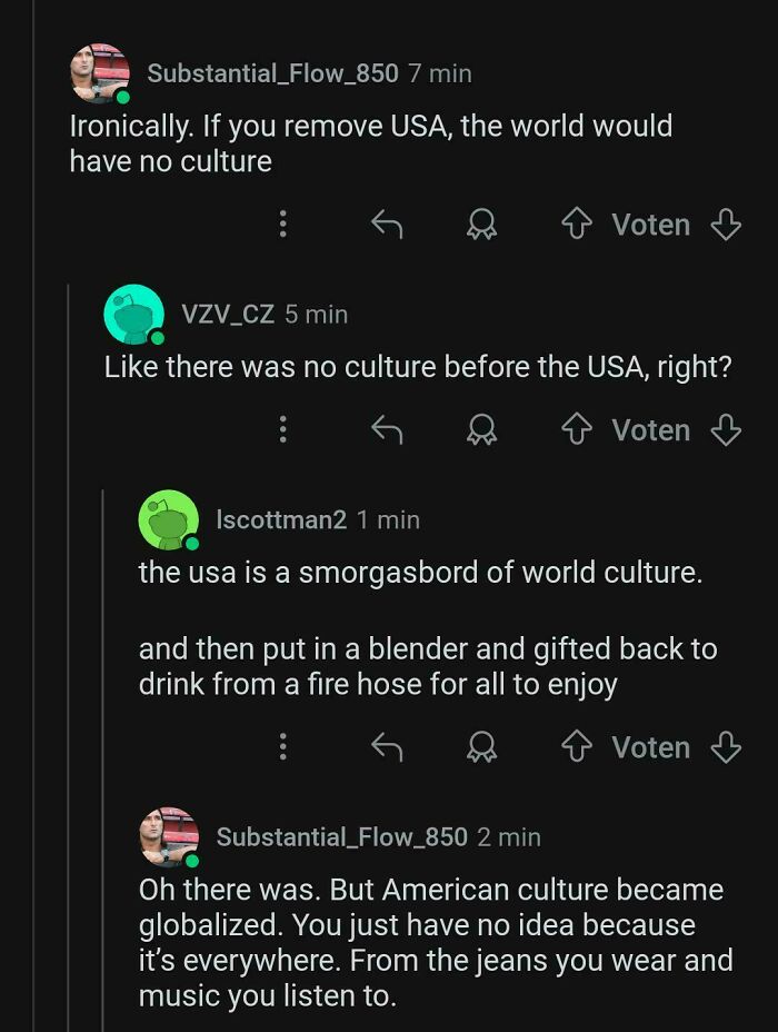 Screenshot of an online discussion debating American culture’s global influence and its role in world culture conversation.