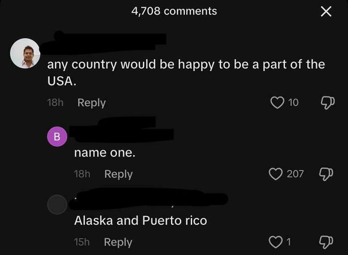 Screenshot of social media comments arguing about the USA with mentions of Alaska and Puerto Rico, highlighting American opinions.