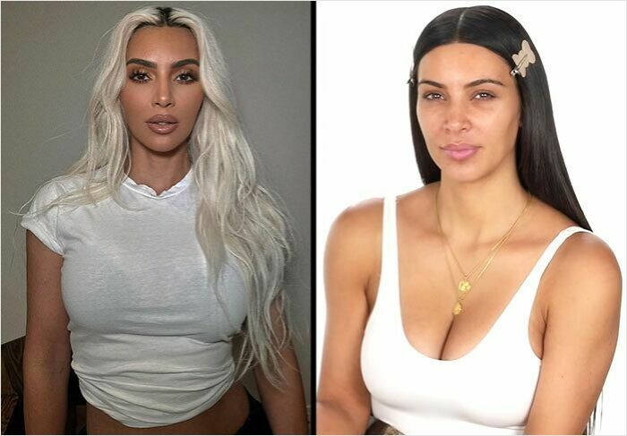 Kim Kardashian with makeup on and makeup-less, showing natural look behind the scenes in a side-by-side comparison.