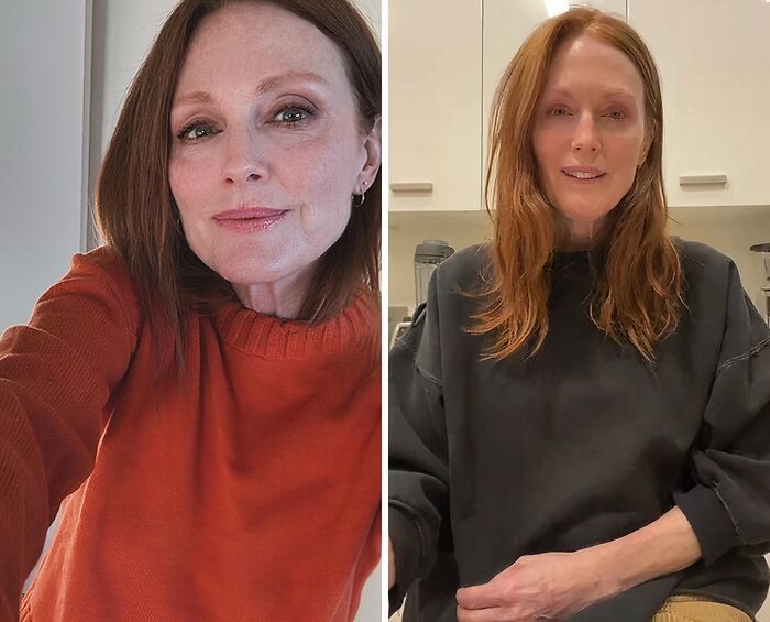 Actress showing makeup-less look in casual settings, revealing natural beauty behind the scenes with no makeup on.