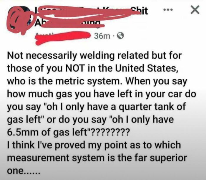 Screenshot of a social media post discussing the superiority of the United States measurement system over metric units.
