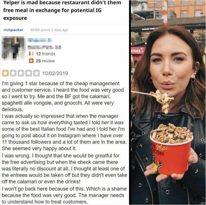 Person holding a large food cup, paired with a rant review exemplifying entitlement in customer service complaints.